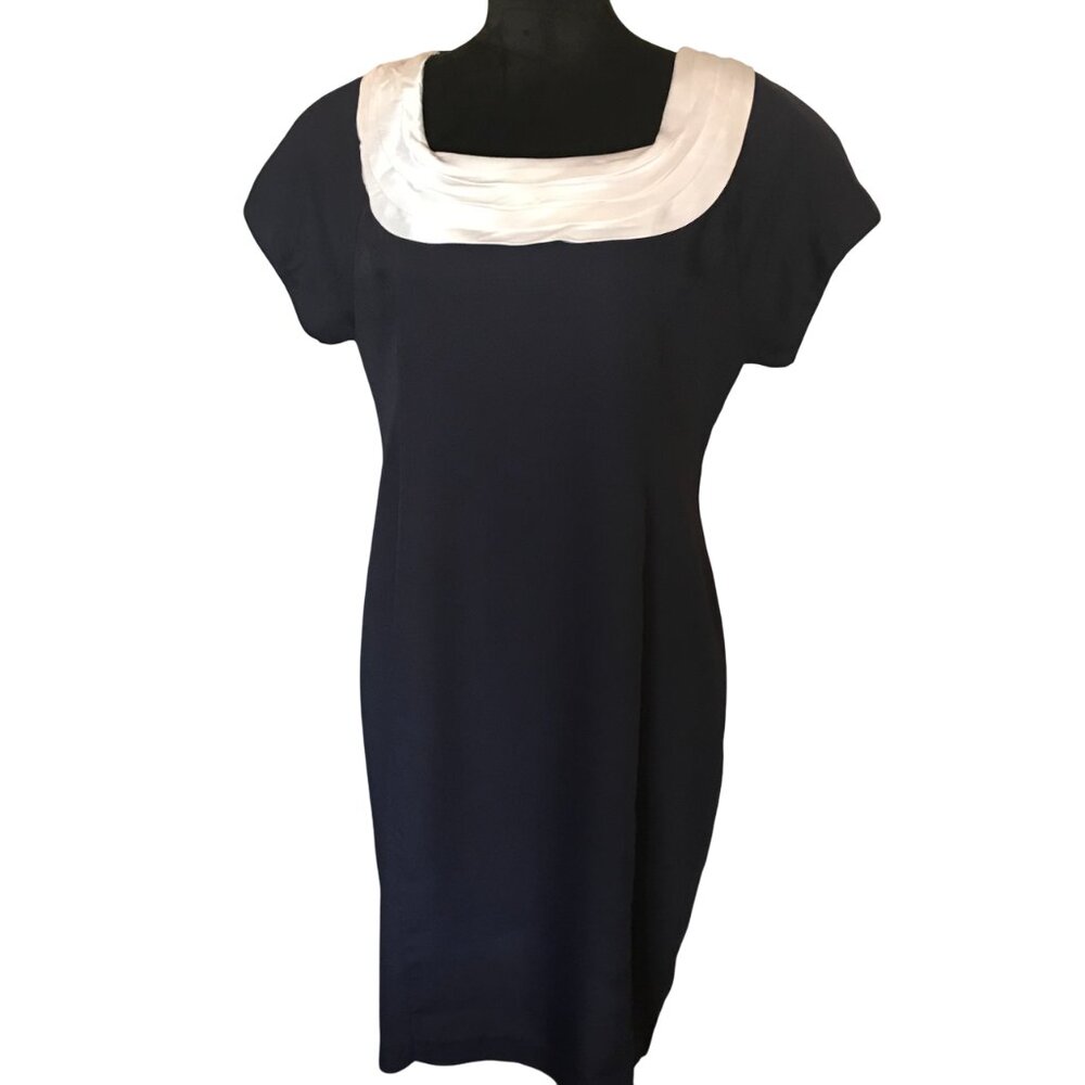 Vintage Pleated Collar Dress 70s Virgo Fashions Navy White Size 14
